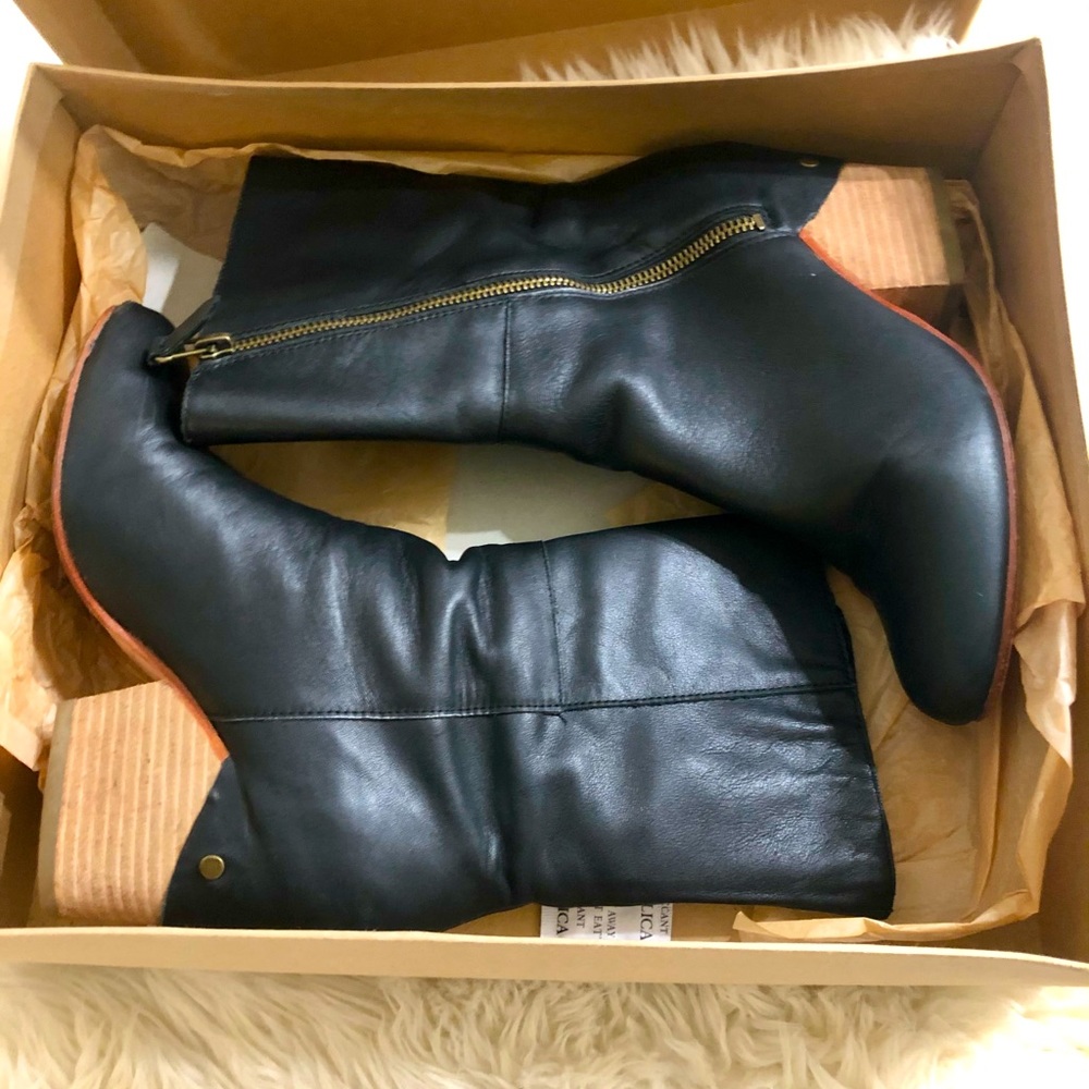 Fiel black leather zip heeled boots, size 7